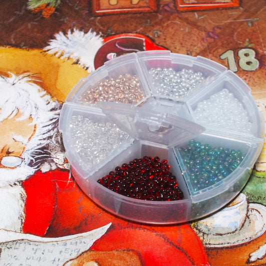 Festive 2mm seed bead selection box - berry red, snow white, green, clear, silver, gold