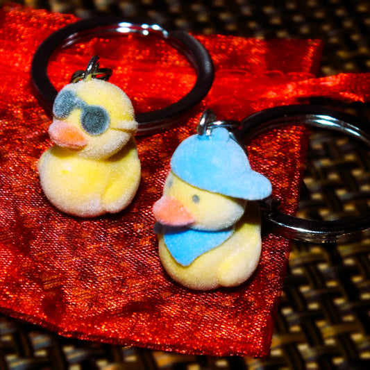 Pair of beautiful fuzzy flocked duck charms on large keyrings