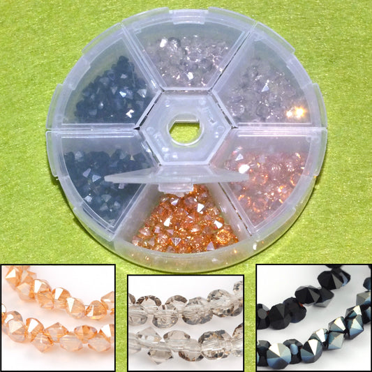 360pcs diamond shape 4mm faceted glass beads, black / orange / light grey