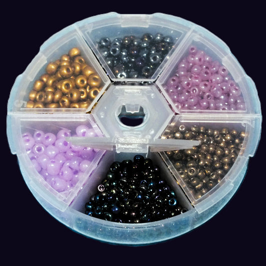 Cyberpunk seed bead selection box - 3mm, 4-5mm black iris, purple, gold mix