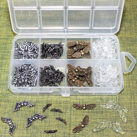 110pcs Angel wings spacer beads box - assorted sizes, styles & materials