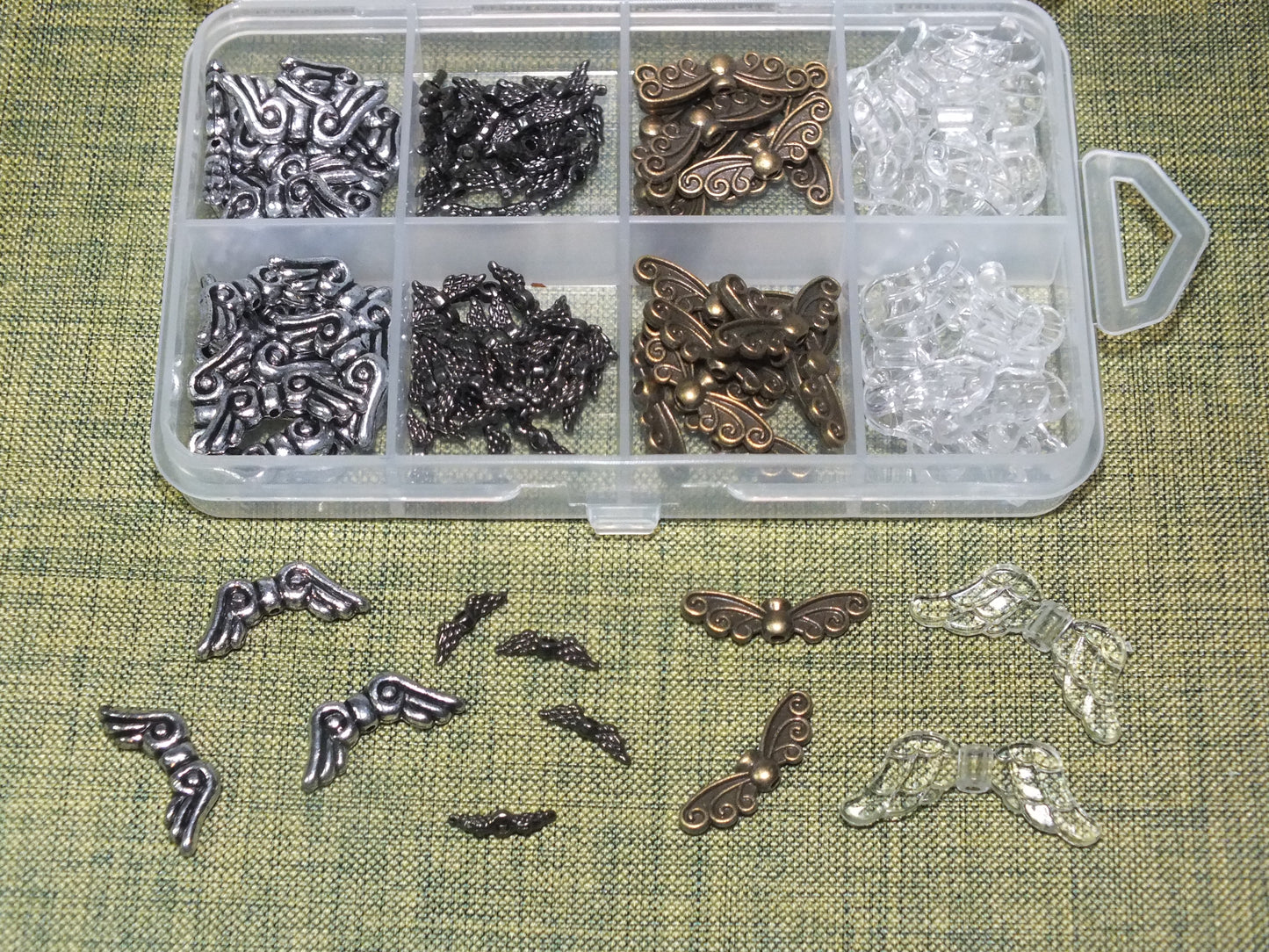110pcs Angel wings spacer beads box - assorted sizes, styles & materials