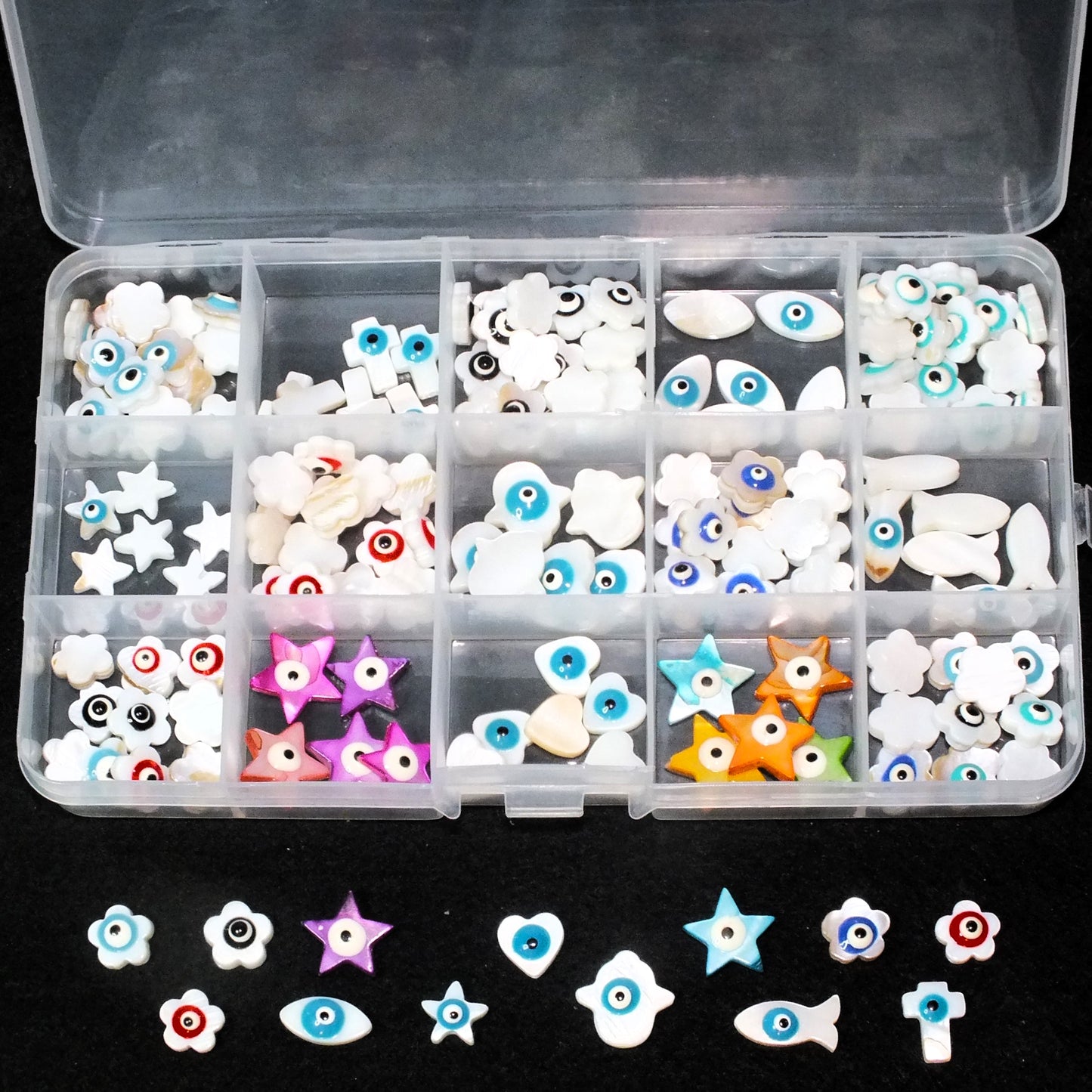 153pcs EVIL EYE freshwater shell beads in a storage box, mixed shapes & colours