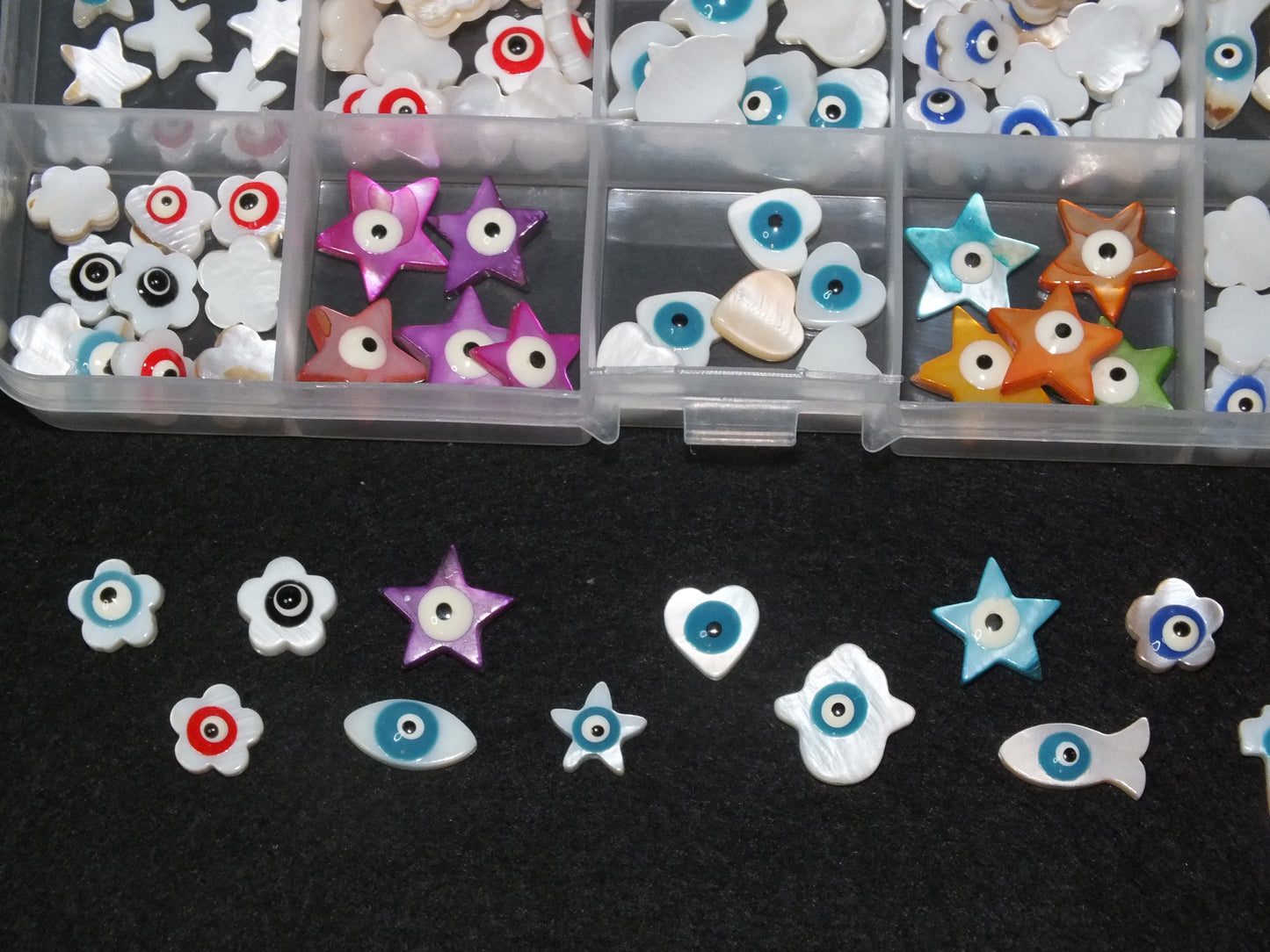 153pcs EVIL EYE freshwater shell beads in a storage box, mixed shapes & colours