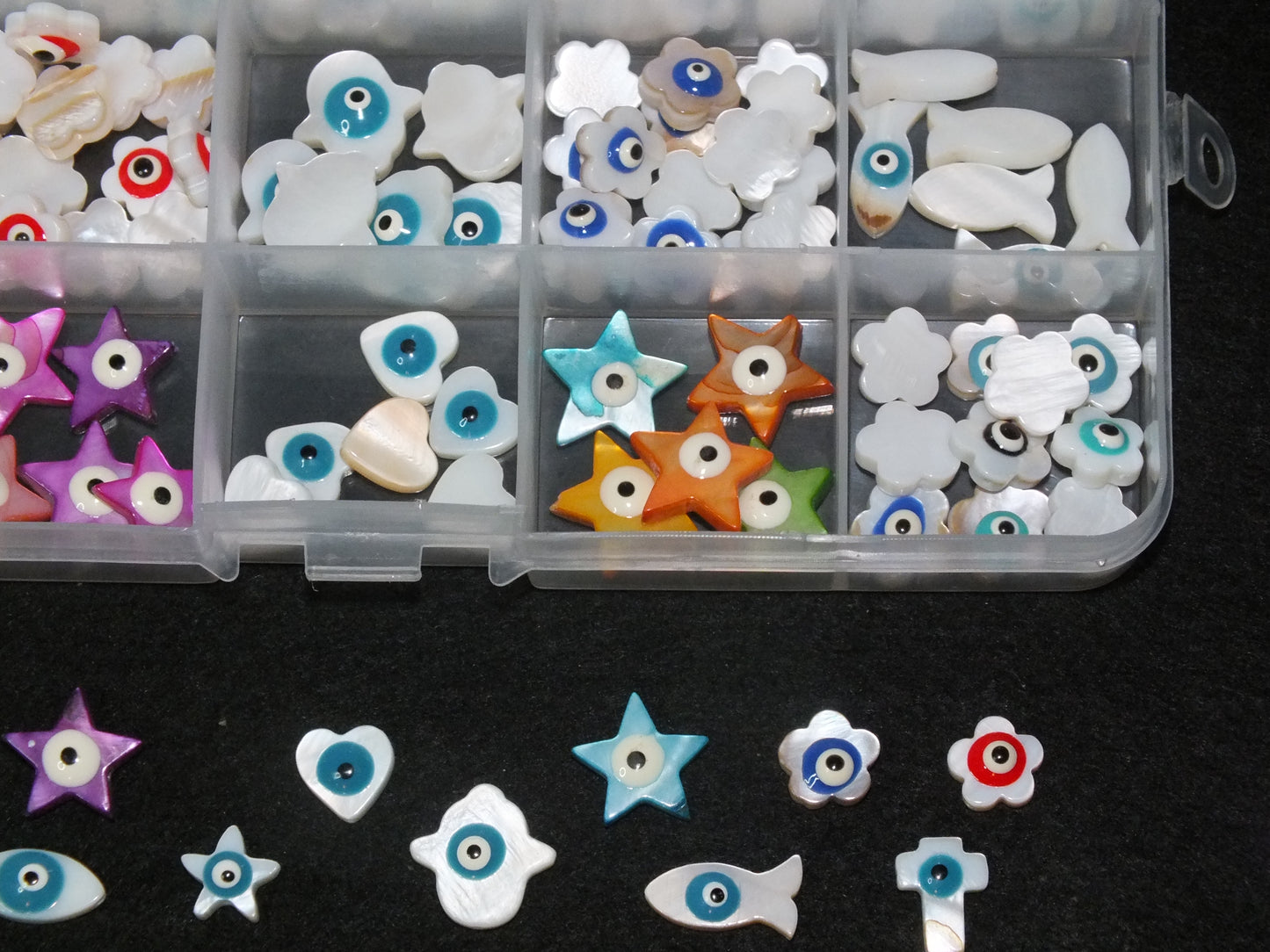 153pcs EVIL EYE freshwater shell beads in a storage box, mixed shapes & colours