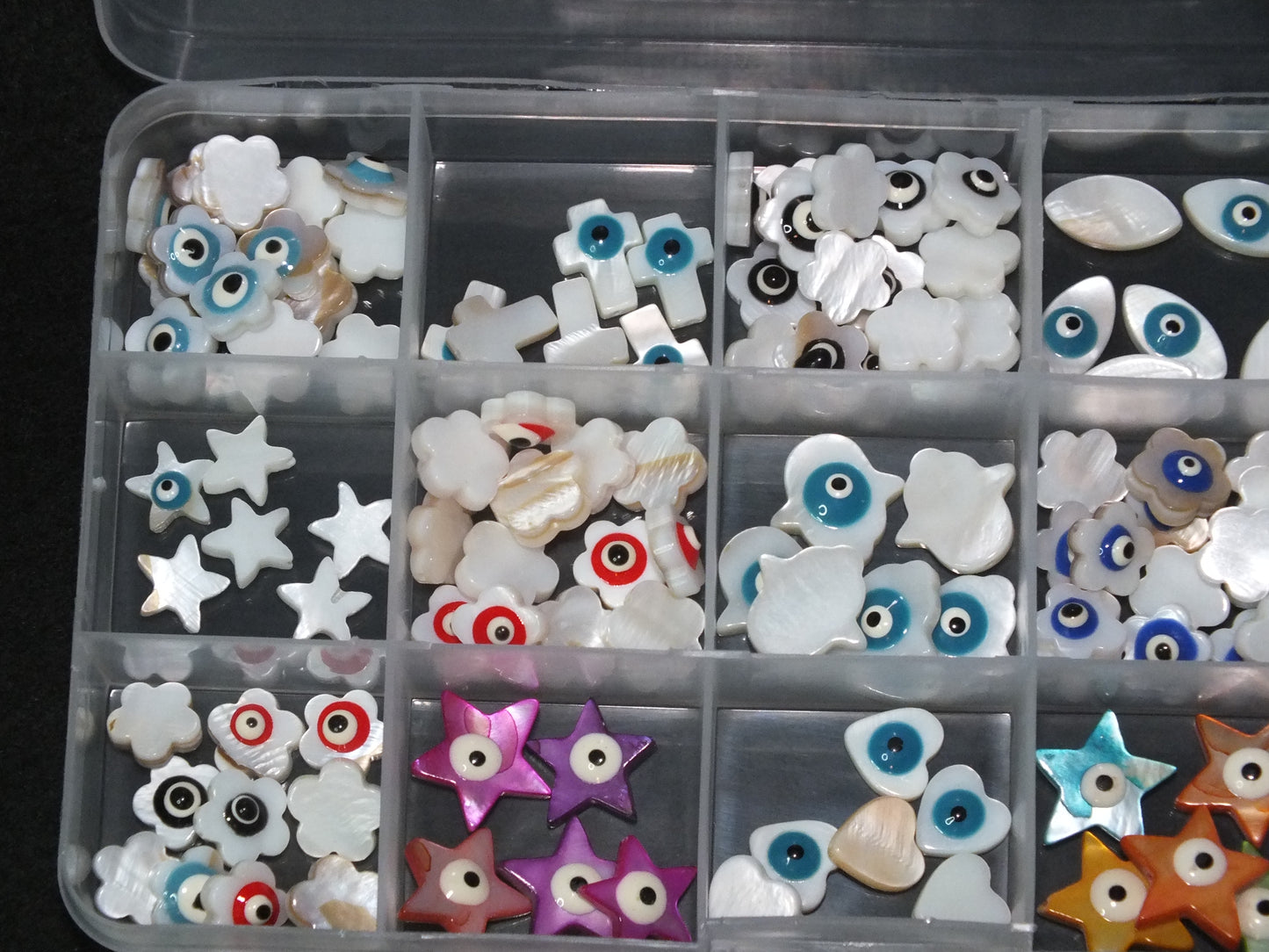 153pcs EVIL EYE freshwater shell beads in a storage box, mixed shapes & colours