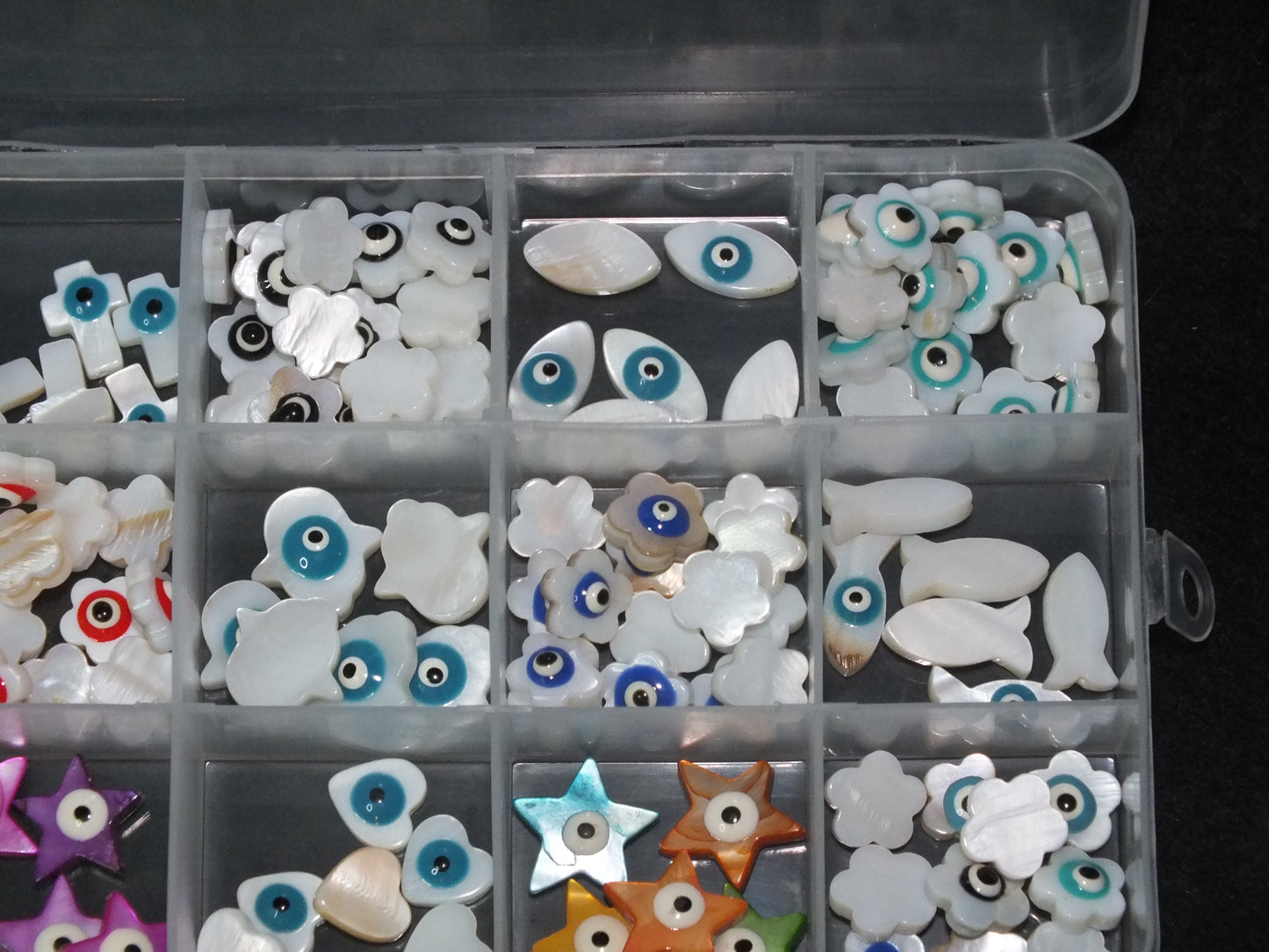 153pcs EVIL EYE freshwater shell beads in a storage box, mixed shapes & colours