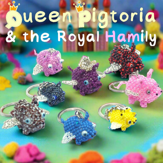 Queen Pigtoria & the Royal Hamily - handmade beaded flying piggies (squishy!) on keyring / lanyard! Very limited edition bag charms.