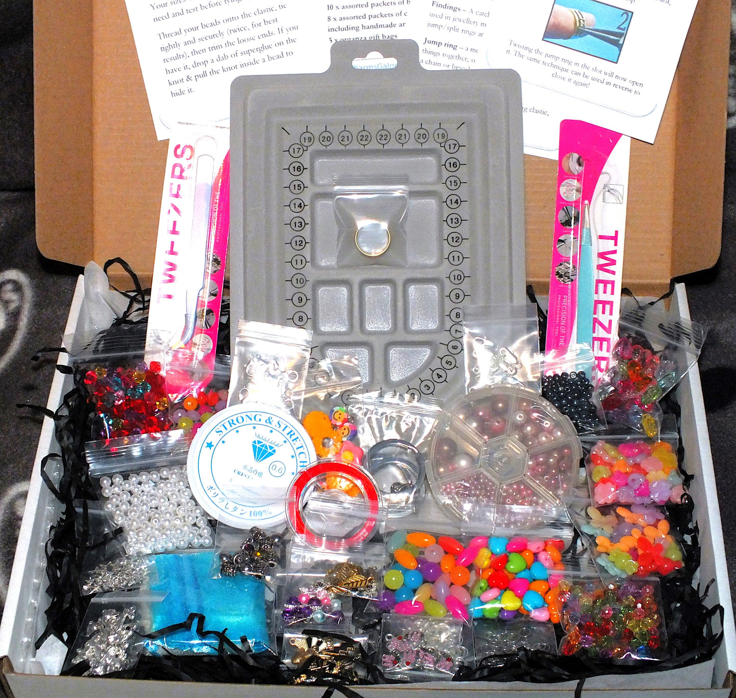 Starter Beading Gift Set - a lovely big gift set that includes tools, bead tray, beads, charms, clasps & rings, elastic, full instructions & more