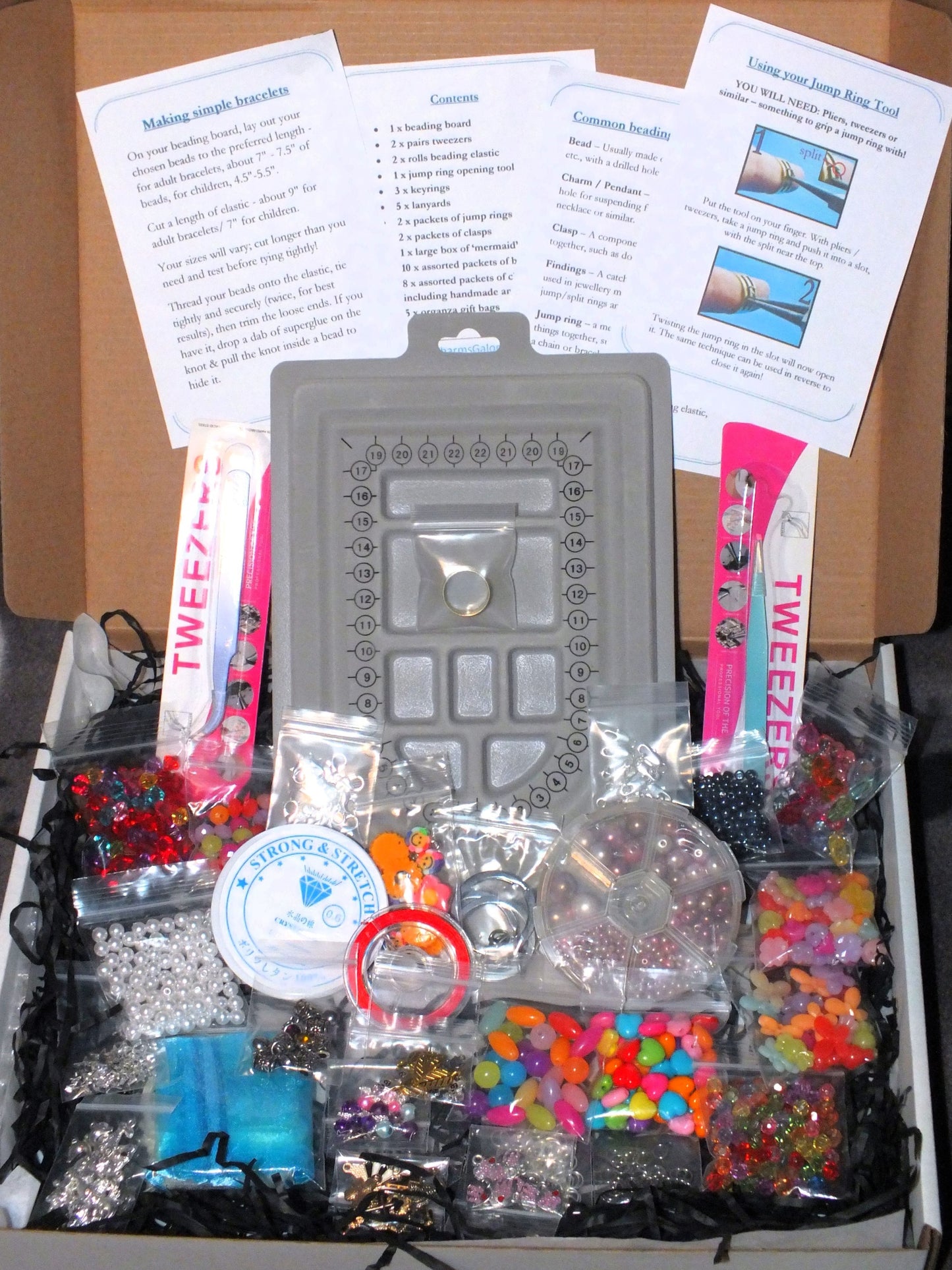 Starter Beading Gift Set - a lovely big gift set that includes tools, bead tray, beads, charms, clasps & rings, elastic, full instructions & more