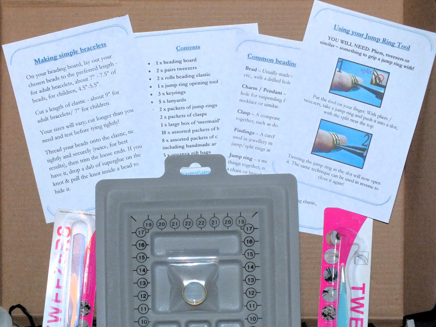 Starter Beading Gift Set - a lovely big gift set that includes tools, bead tray, beads, charms, clasps & rings, elastic, full instructions & more