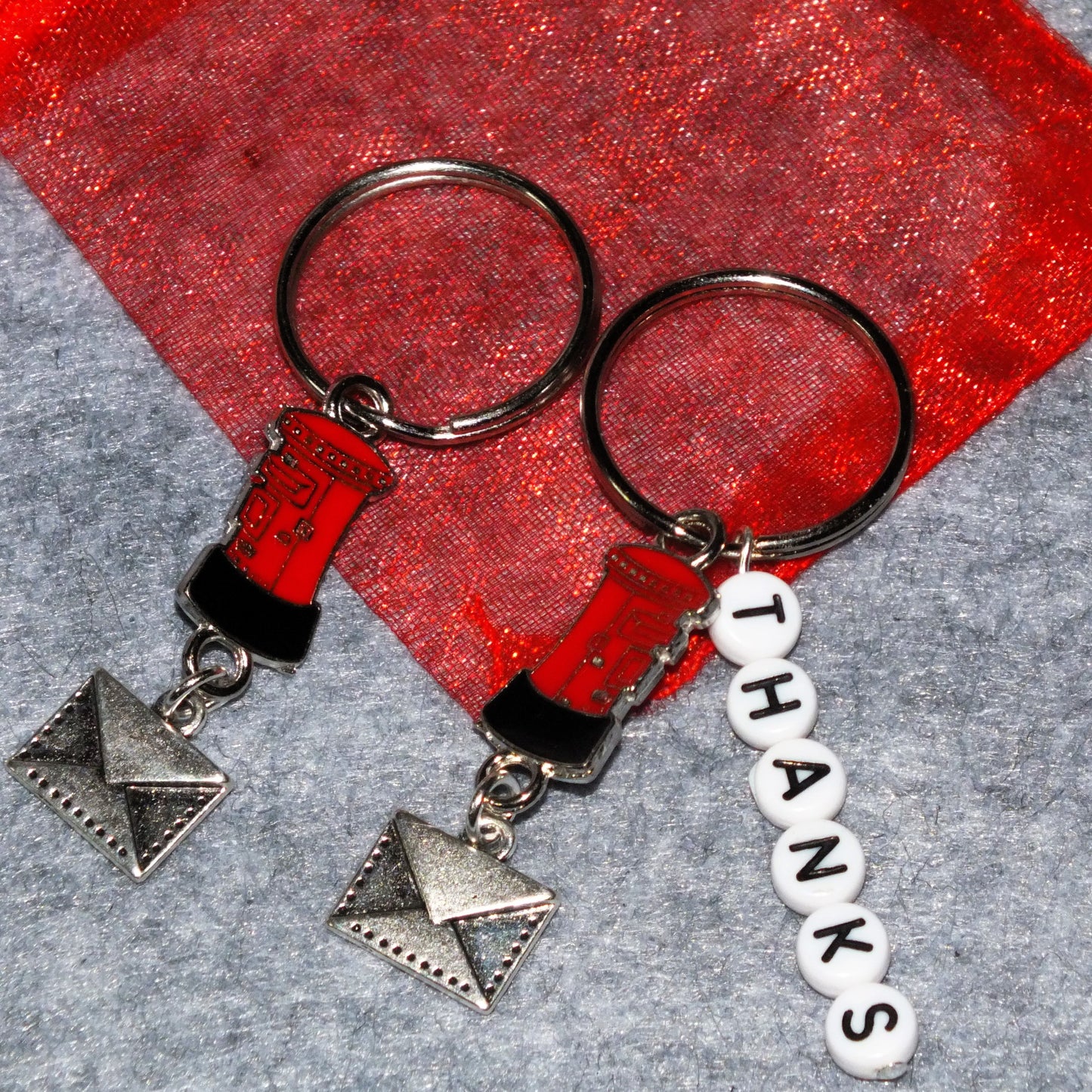 Postie gift - handmade keyring with letterbox and envelope charm, optional 'THANKS' lettering for your postal worker.