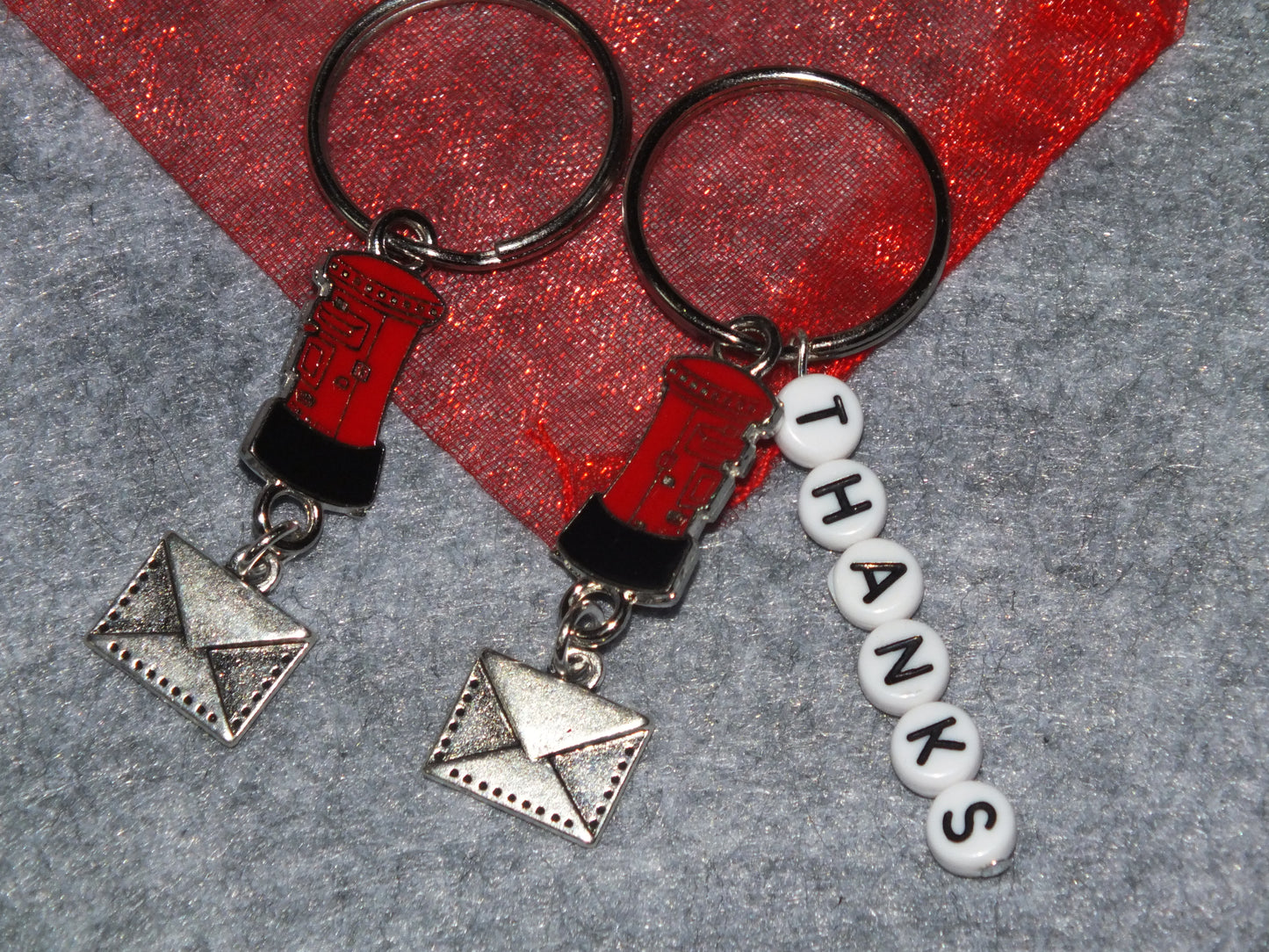 Postie gift - handmade keyring with letterbox and envelope charm, optional 'THANKS' lettering for your postal worker.