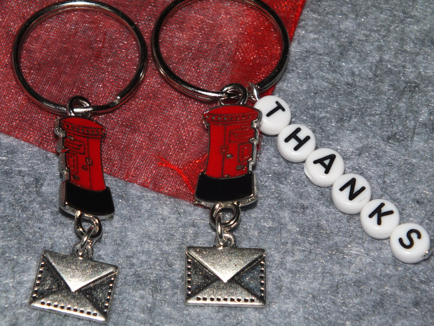 Postie gift - handmade keyring with letterbox and envelope charm, optional 'THANKS' lettering for your postal worker.