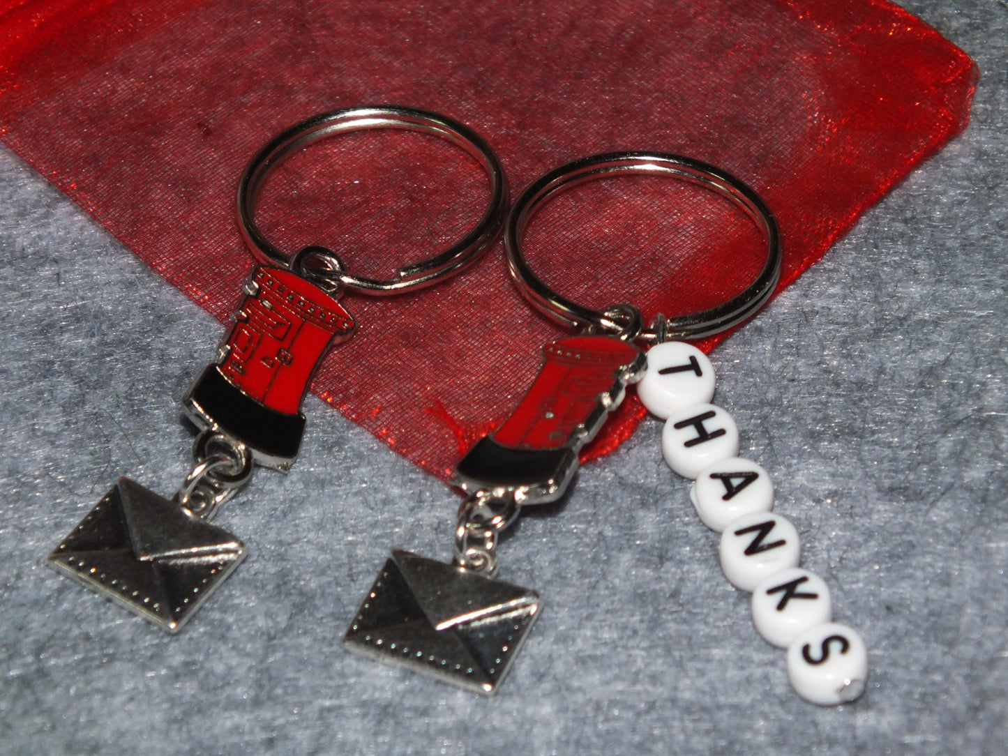 Postie gift - handmade keyring with letterbox and envelope charm, optional 'THANKS' lettering for your postal worker.