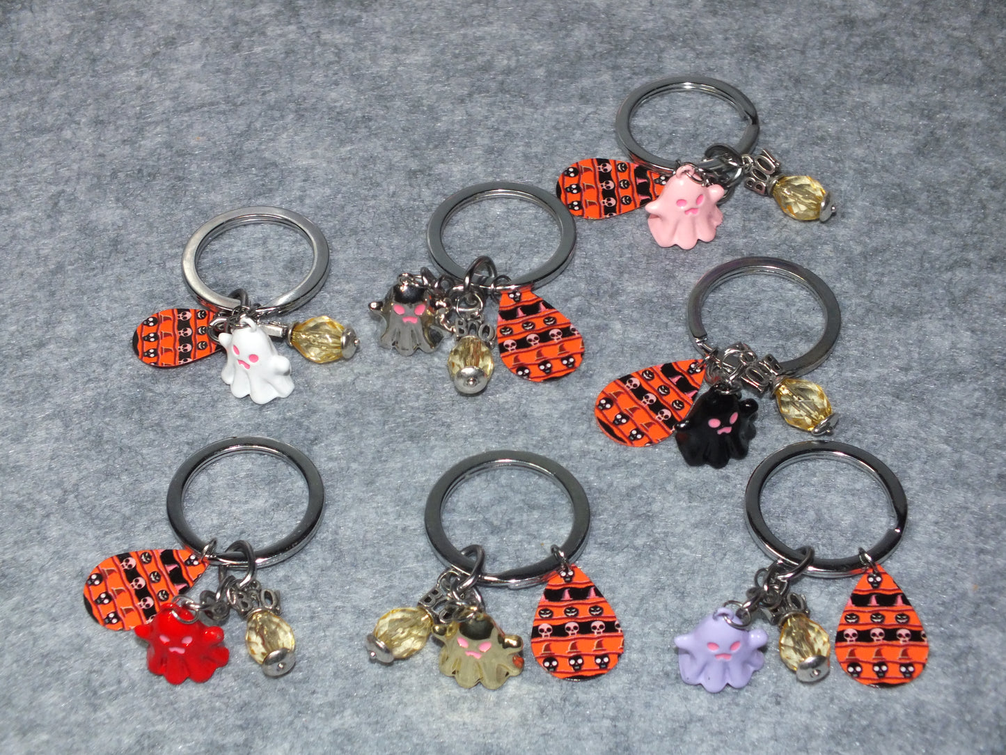 7pcs Halloween keyring sets, mixed ghost charms, teardrop charms, BOO! charms