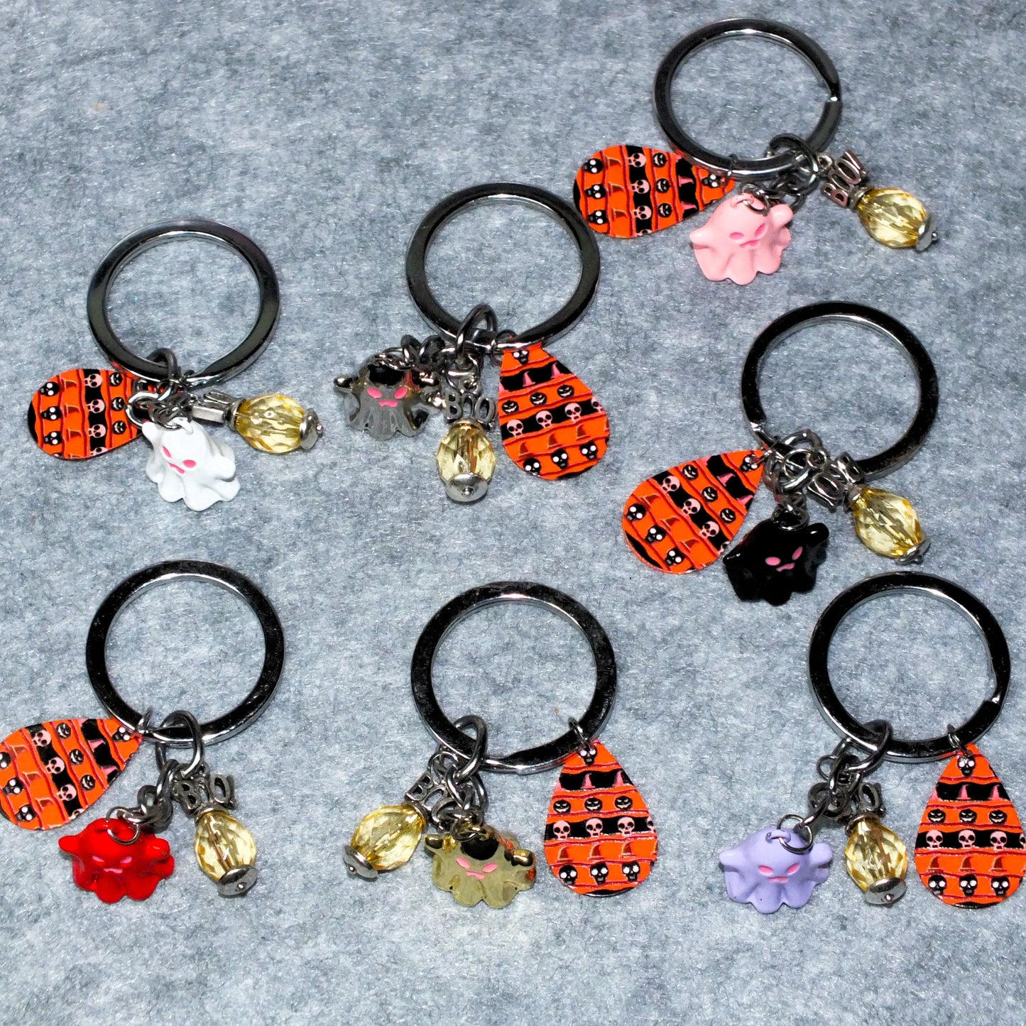 7pcs Halloween keyring sets, mixed ghost charms, teardrop charms, BOO! charms