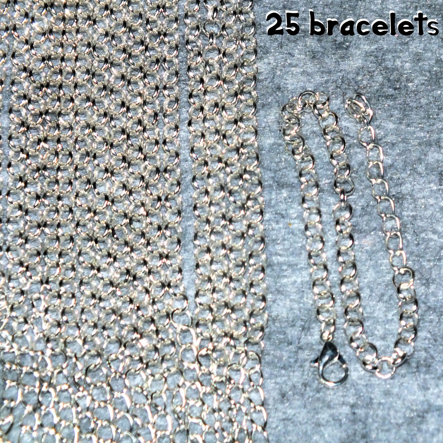 25 handmade chain rolo bracelets, silver tone