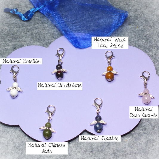 Handmade natural gemstone Guardian Angel charms on clasps - Sodalite, Rose Quartz, Howlite, Bloodstone, Wood Lace Stone, Chinese Jade