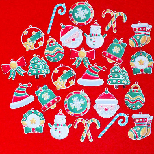 26pcs Christmas Mix Printed Metal Charms, Xmas Pendants - very slim