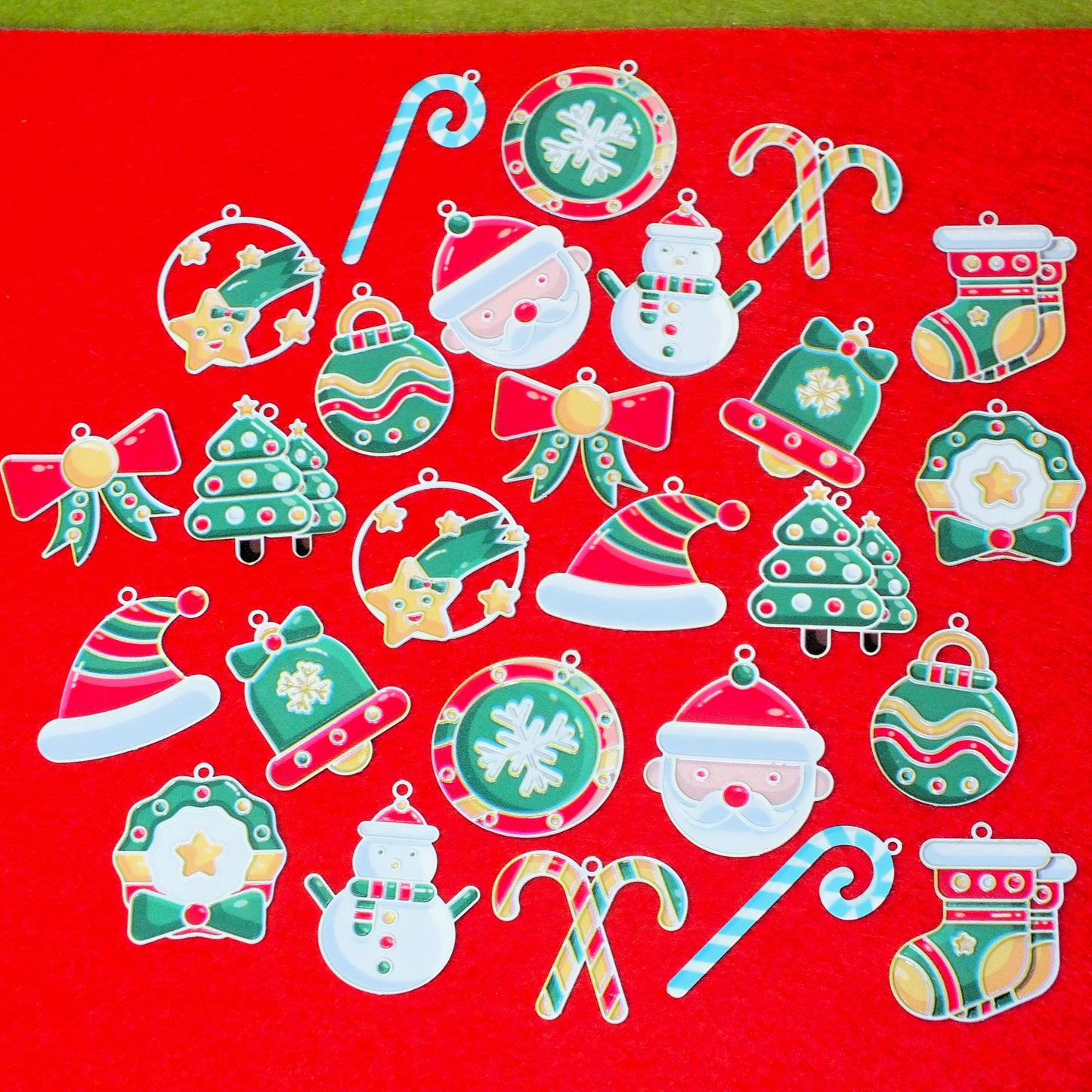 26pcs Christmas Mix Printed Metal Charms, Xmas Pendants - very slim
