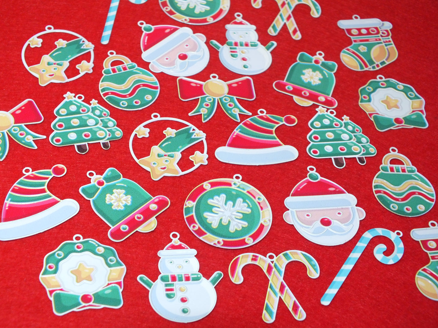 26pcs Christmas Mix Printed Metal Charms, Xmas Pendants - very slim