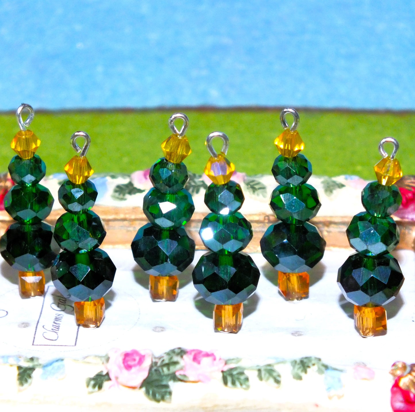6pcs Handmade Christmas Tree Charms, Faceted Glass