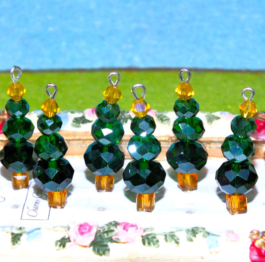 6pcs Handmade Christmas Tree Charms, Faceted Glass