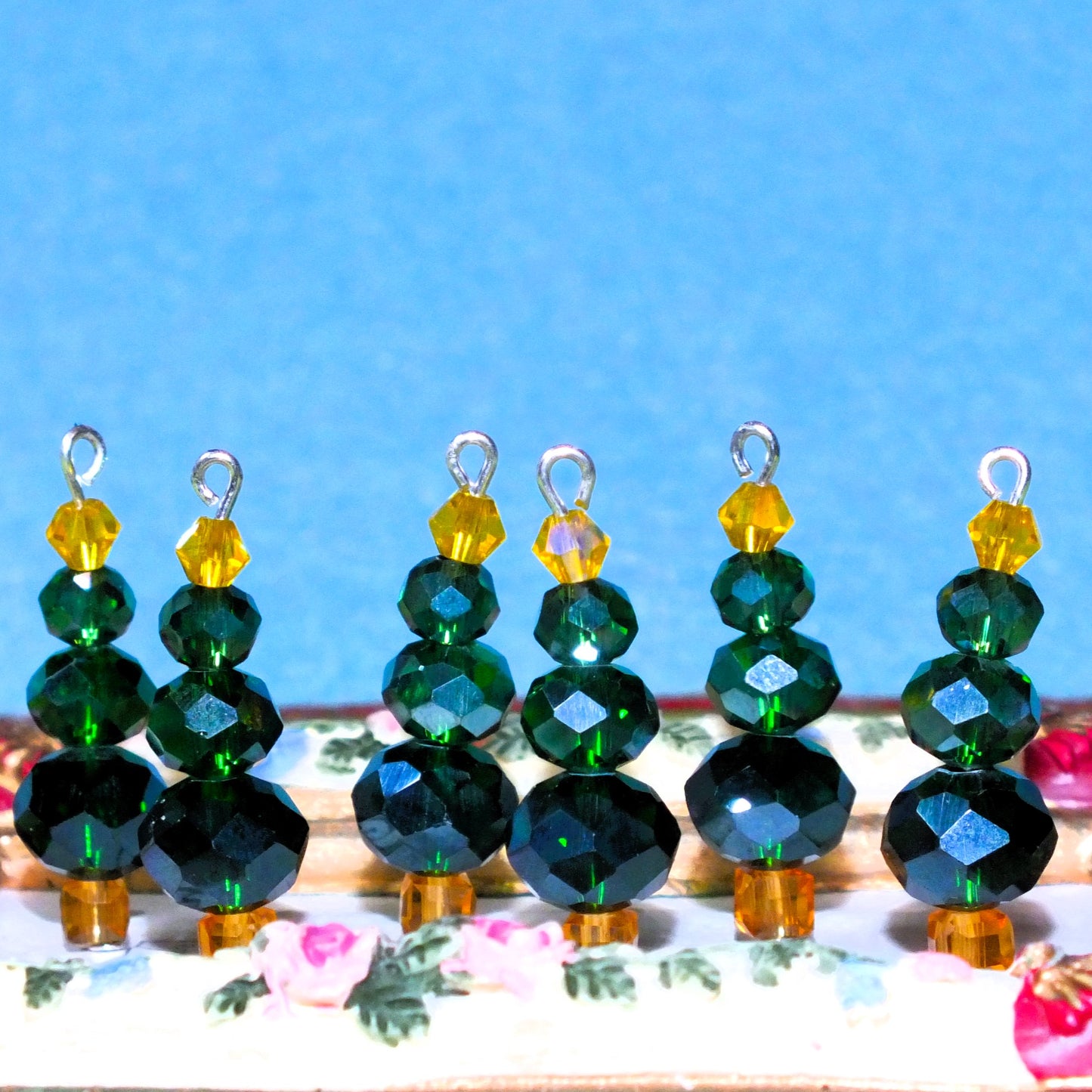6pcs Handmade Christmas Tree Charms, Faceted Glass