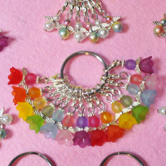 14 Flower rainbow angel stitch markers, handmade, on clasps with keyring.