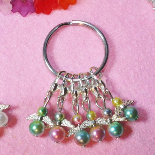 6 Rainbow angel stitch markers, handmade, on clasps with keyring.