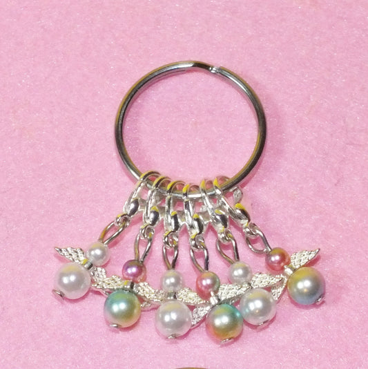 6 mixed white/rainbow angel stitch markers, handmade, on clasps with keyring.