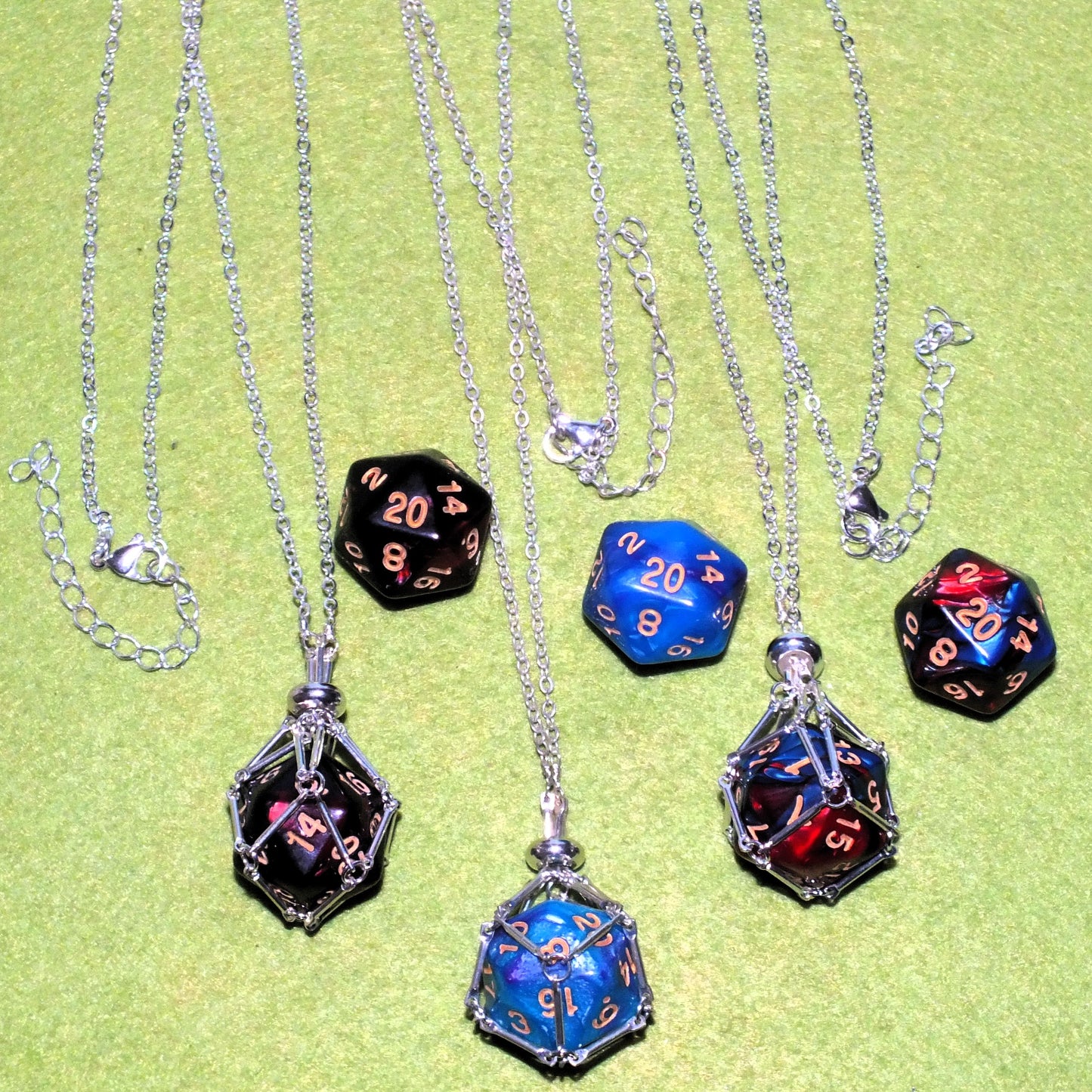 Wearable silver tone chain DICE JAIL plus d20 - Choose your necklace / dice combo & punish your Nat 1!