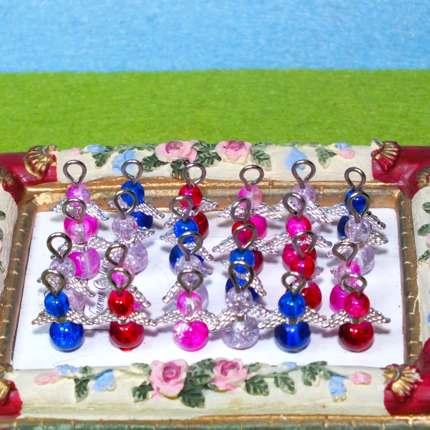 Valentines mix glass angel charms (12-100pcs, plain, on clasps or lanyards)