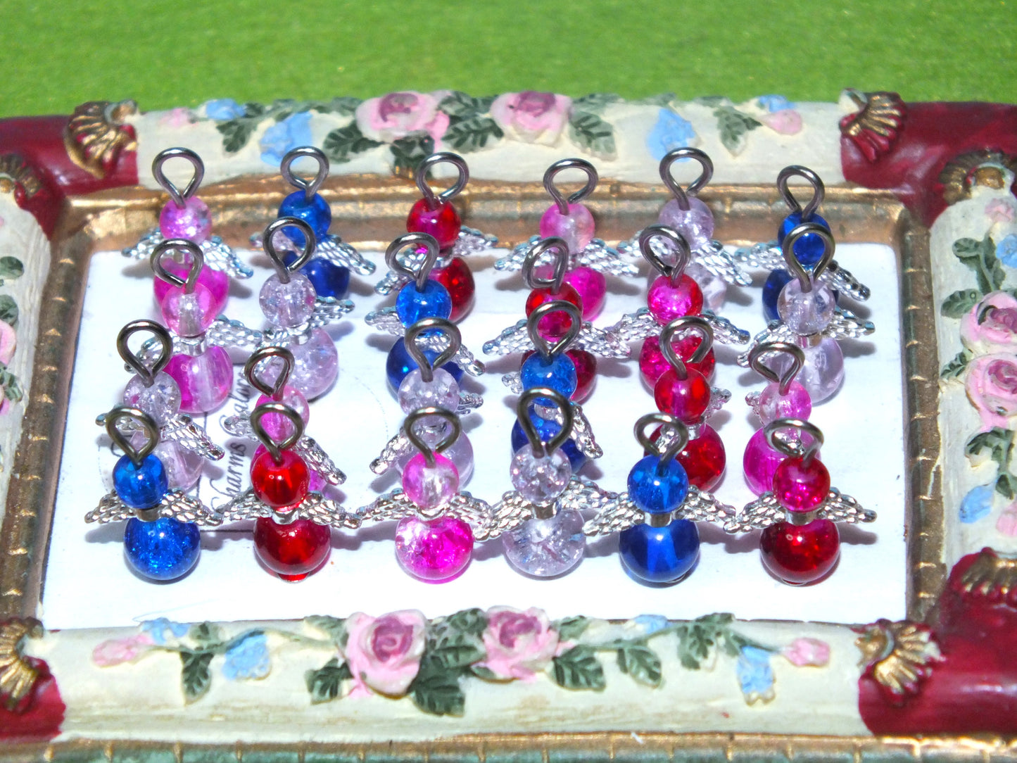 Valentines mix glass angel charms (12-100pcs, plain, on clasps or lanyards)