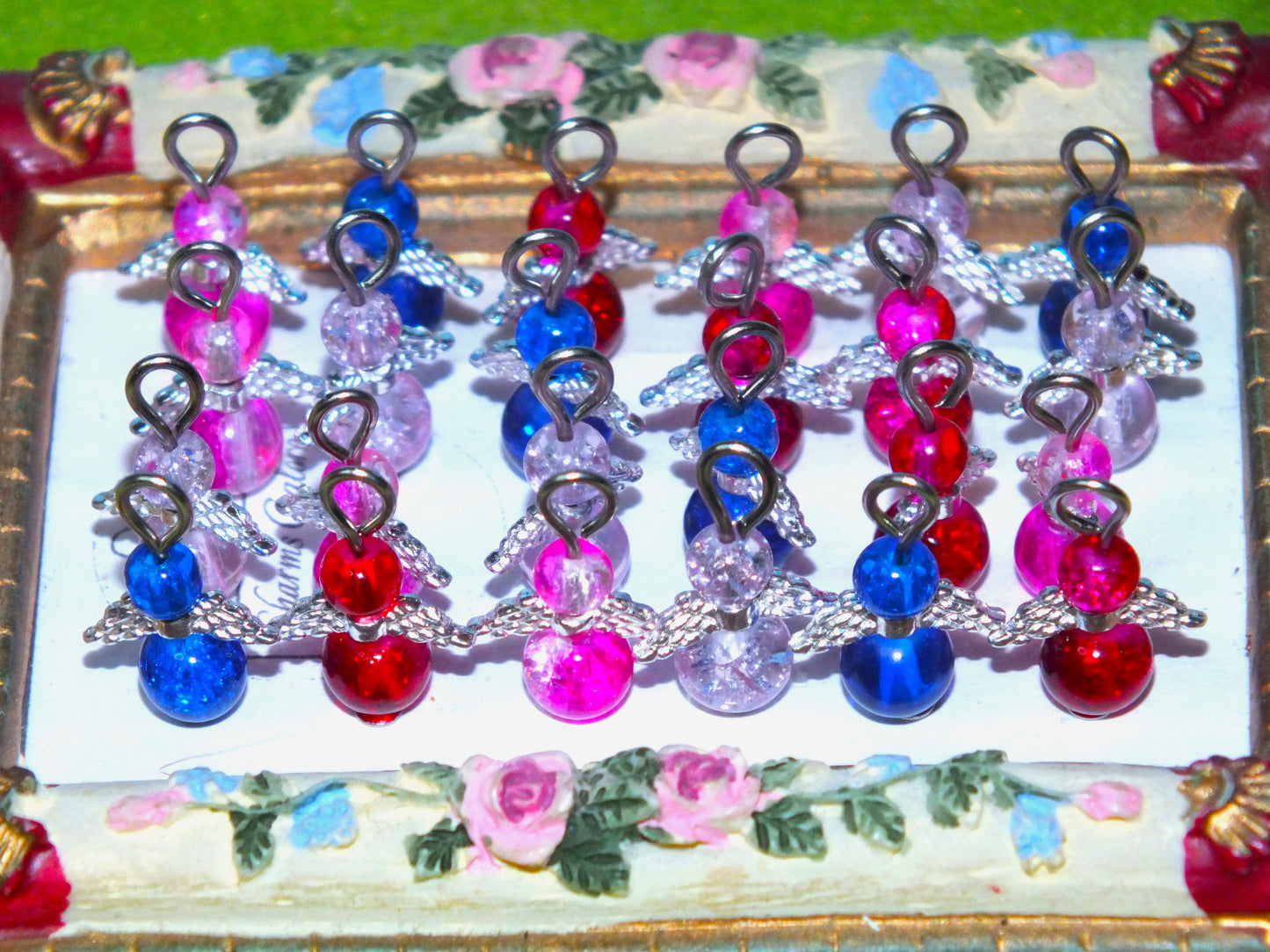 Valentines mix glass angel charms (12-100pcs, plain, on clasps or lanyards)
