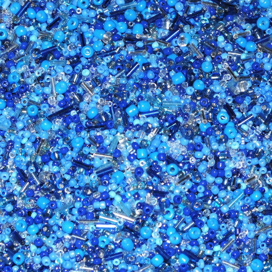 50g - 1kg Seed & bugle mixes - Ocean mix, 1mm~7mm glass beads - blue, clear