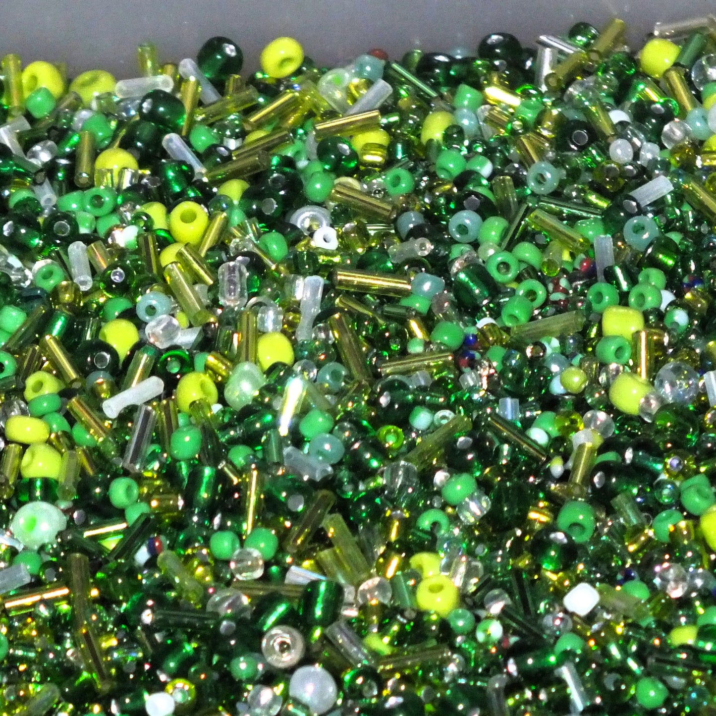 50g - 1kg Seed & bugle mixes - SPRING mix, 1mm~7mm glass beads - green, clear