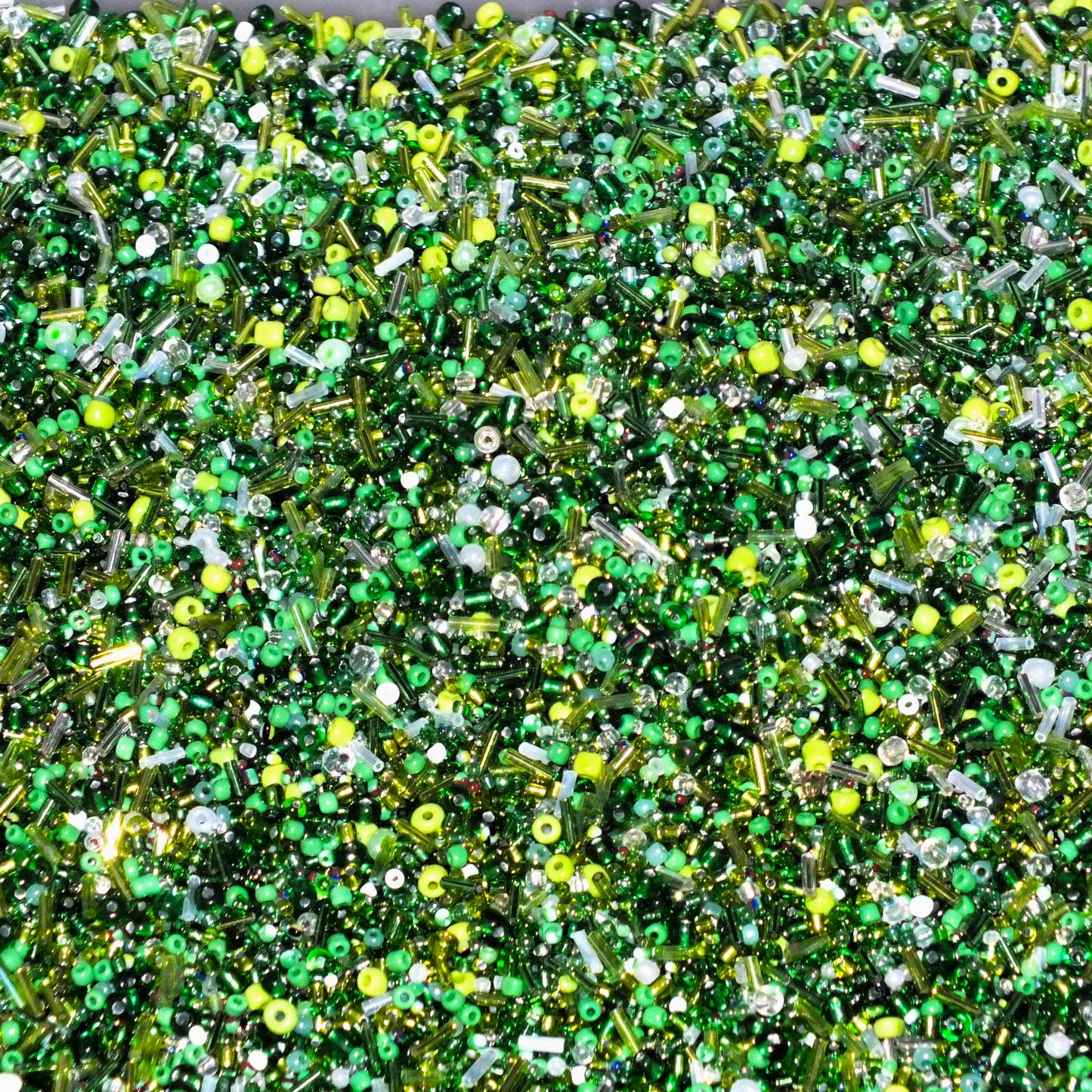 50g - 1kg Seed & bugle mixes - SPRING mix, 1mm~7mm glass beads - green, clear