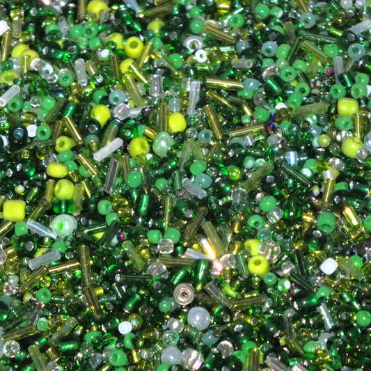 50g - 1kg Seed & bugle mixes - SPRING mix, 1mm~7mm glass beads - green, clear