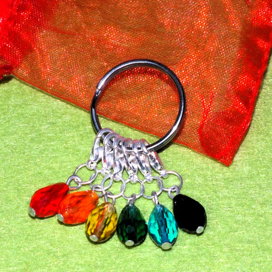 6pcs handmade glass teardrop stitch markers, faceted mixed colour dangle charms.