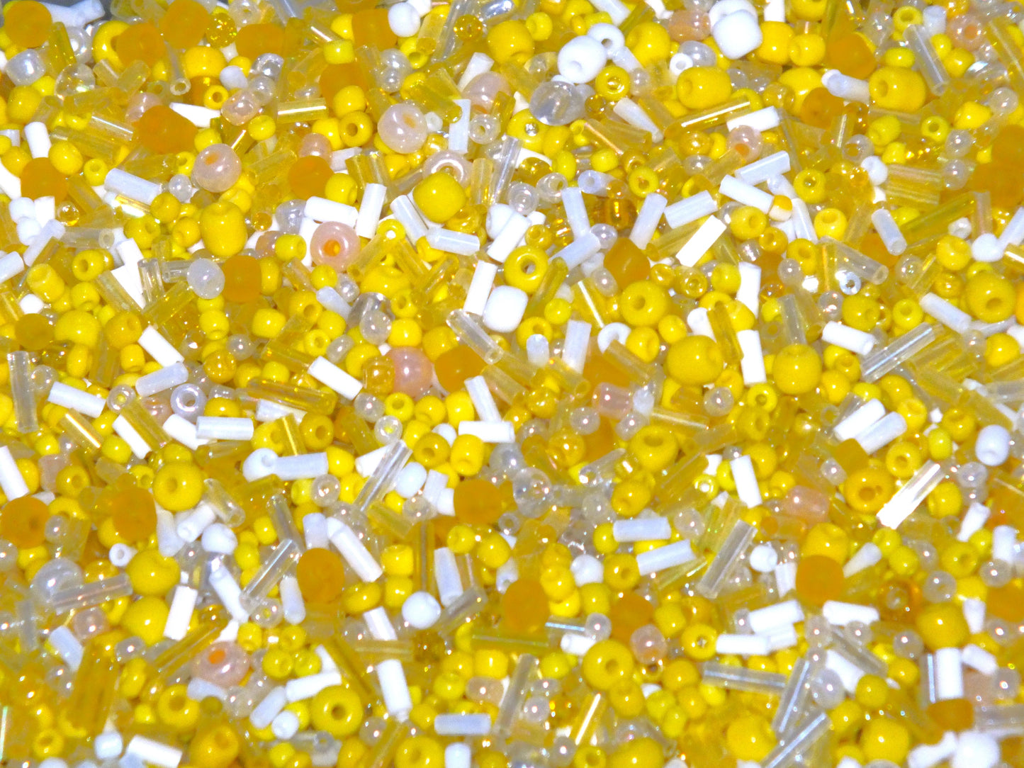 50g - 1kg Seed & bugle mixes - LEMON mix, 1mm~7mm glass beads - yellow, white, clear