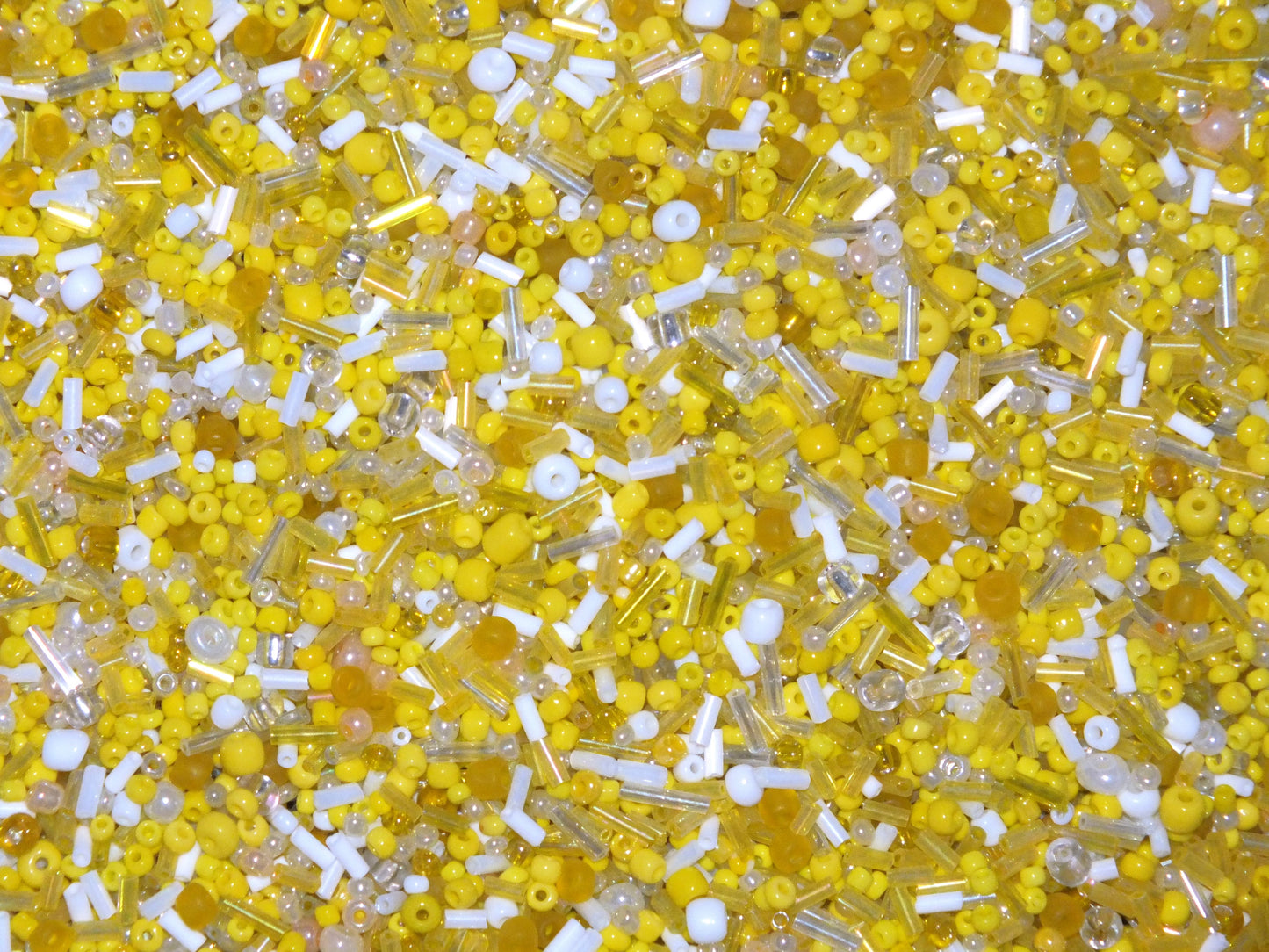 50g - 1kg Seed & bugle mixes - LEMON mix, 1mm~7mm glass beads - yellow, white, clear