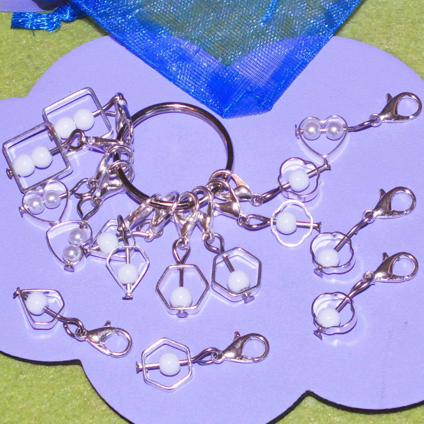 10 Bead cage stitch markers mix, on clasps with keyring. Hearts, diamonds, shapes.