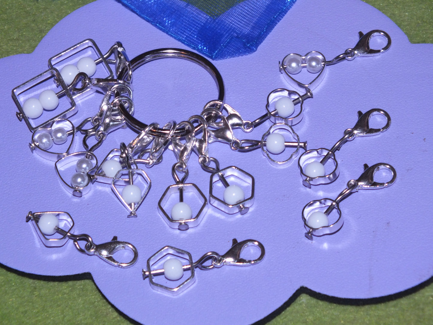 10 Bead cage stitch markers mix, on clasps with keyring. Hearts, diamonds, shapes.