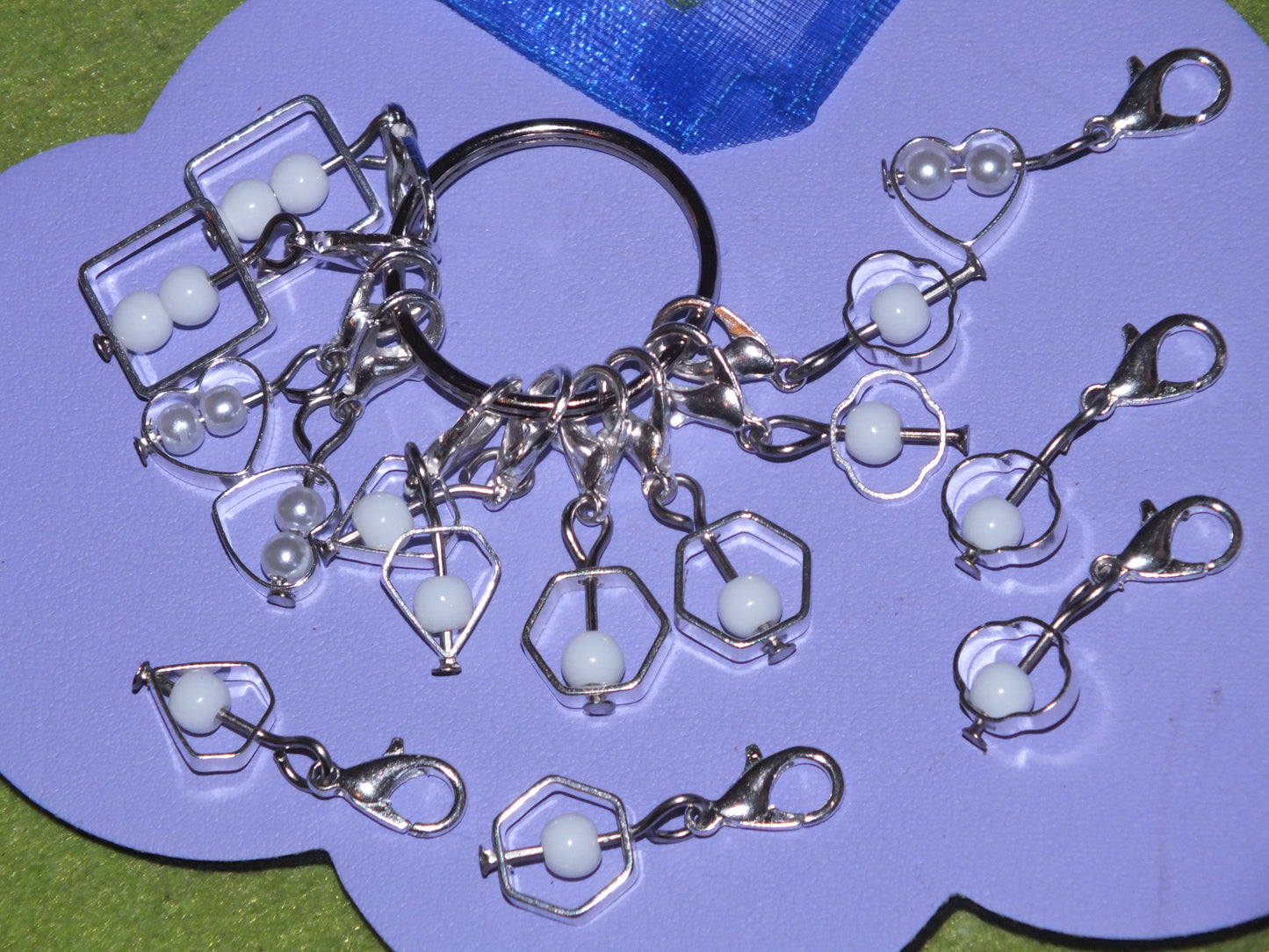 10 Bead cage stitch markers mix, on clasps with keyring. Hearts, diamonds, shapes.