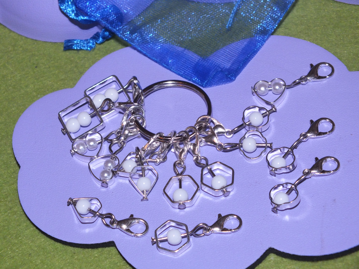 10 Bead cage stitch markers mix, on clasps with keyring. Hearts, diamonds, shapes.
