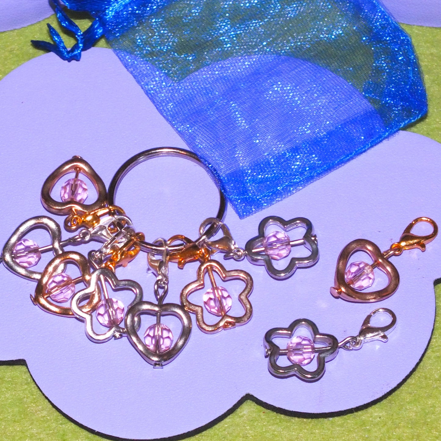7 Flower + heart bead cage stitch markers, on clasps with keyring