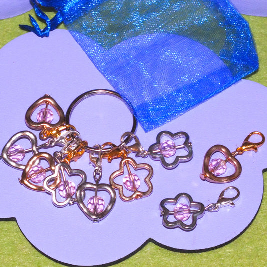 7 Flower + heart bead cage stitch markers, on clasps with keyring