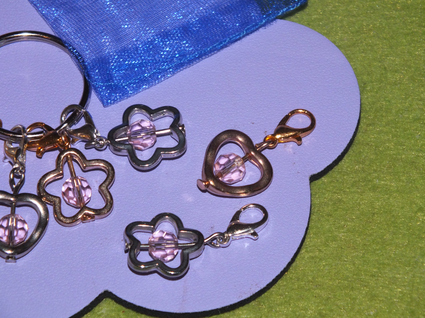7 Flower + heart bead cage stitch markers, on clasps with keyring